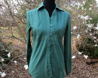 Vintage BOHO TOP, Dark GREEN, embroidered peasant blouse, Bohemian button-down shirt, tucked pleated bodice, Gypsy Hippie 90s Grunge, S