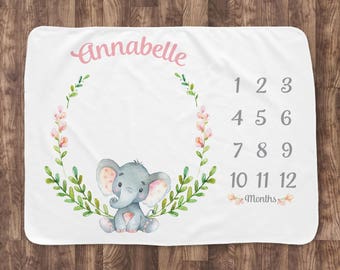 Baby Milestone Blanket- Elephant & Flowers Baby Month Blanket - Girl - Baby Blanket -Baby Shower Gift (elephant with leaves)