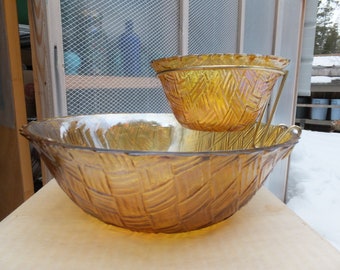 Golden Tone Chip and Dip Set, Indiana Glass Golden Tone Chip and Dip Set in Original Box