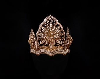 Vintage Indonesian Mahkota, Diamante-Encrusted Bridal Crown, Arabesque Gold Filigree Fairytale Wedding Princess Flower Headdress