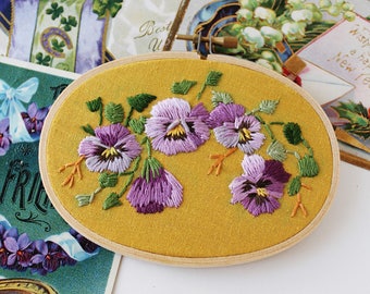 Modern Embroidery Design | Floral Hand Embroidery | Botanical Embroidery Hoop Art | Crewel Embroidery Art | Embroidered Pansy Flowers