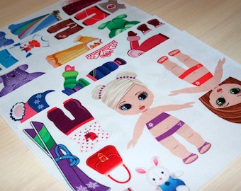 5 Printed sheets. Dress up Dolls. Korean Felt. Eco-polyester 100%