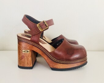RESERVED 90s Platform Clogs Sandals Wooden Heels Ankle Straps made in Brazil by Candies 7 37