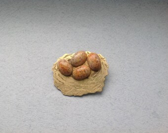 Handmade bird nest brooch, original 1950s Czech glass 'eggs', solid brass, locking clasp