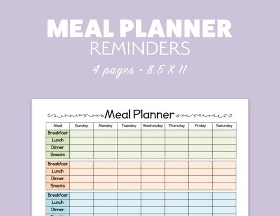 meal planner 4 versions printable template pdf landscape