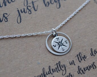 READY 2 SHIP . The Journey Has Just Begun Necklace . Small Compass Necklace . Graduation Gift . New Job . Wanderer . Everyday Inspiration