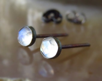 Oxidized Silver Stud Earrings Rose Cut Moonstone Earrings - Black Post Earrings, stud earrings for men - Post Earrings
