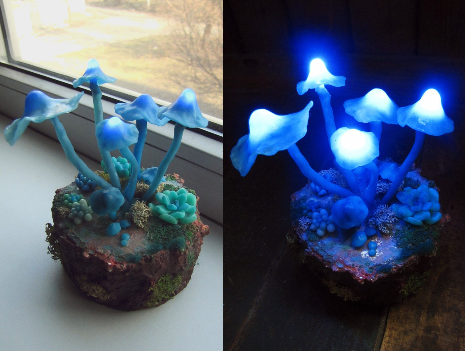 mushrooms night light blue polymer clay fungi miniature blue light mushroom growth