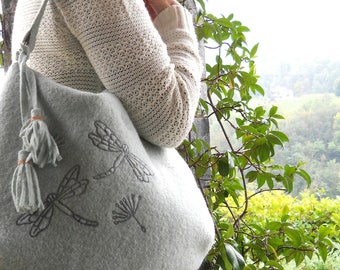 Loden Hobo bag Embroidered to free motion "dragonflies"