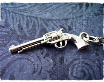 Silver Six Shooter Gun Necklace - Silver Pewter Six Shooter Gun Charm on a Delicate Silver Plated Cable Chain or Charm Only