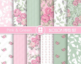 Floral Digital Paper, Floral Digital Paper Pack, Pink Green Garden, Scrapbooking, Roses, Pink Roses - INSTANT DOWNLOAD - 1951