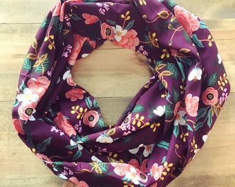 Burgundy Floral Rifle Paper Co Floral Rayon Infinity Scarf - Handmade - For Her, Spring Fashion, Mother's Day, Summer