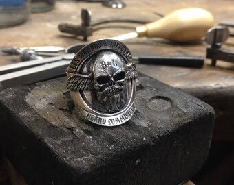 "Bearded & Lifestyle" club ring 925 sterling silver. Beard club biker ring. Beard bearded skull ring. Pogonophile.