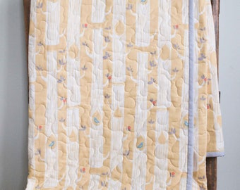 Modern Yellow Baby, Toddler Quilt, TREE STRIPE SUN, Cozy Flannel; Personalized, Handmade Organic Cotton, Woodland Quilt Gift for Girl or Boy