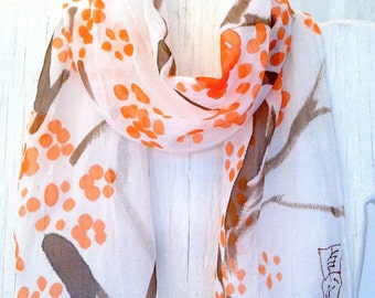 Hand Painted Silk Scarf, Summer Scarf, Orange Scarf, Japanese Plum Blossom Scarf, Silk Chiffon Scarf, 7.5x52 inches. Made to order.