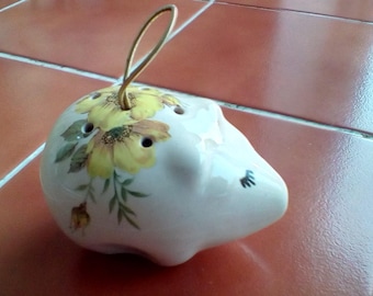 Pig shaped pot pourri ceramic pomander lownds paceman hanging strap