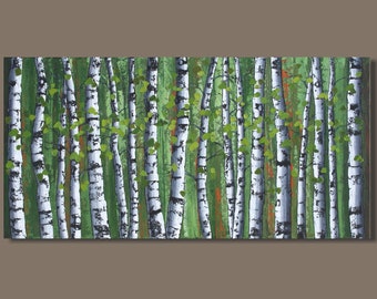 FREE SHIP abstract painting, birch trees painting, panoramic painting, forest painting, landscape painting, art on canvas, aspens, green