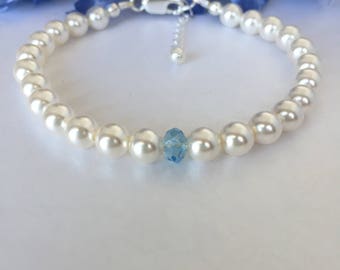 Something Blue Bracelet, Bride's Wedding Bracelet, Genuine Swarovski Crystal and Pearls Bracelet, Single Strand Pearl Bracelet, Wedding