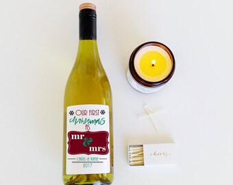 Our First Christmas Gift Personalized Wine Label First Christmas As Mr and Mrs Mr and Mr Mrs and Mrs Holiday Wine Bottle Label Holiday Gift