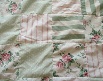 Vintage Fabrics Quilt top, Queen Quilt Top, Hand Sewn Quilt top, Handmade Quilt top, Vintage Pink Roses Quilt Top, Pink Green Quilt Top