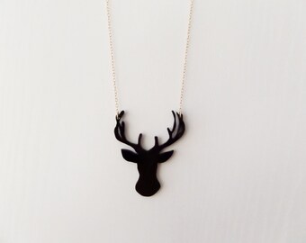 Black Deer silhouette Necklace, Perspex Necklace, Handmade Statement Necklace, Reindeer Necklace.