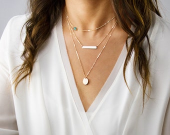 Delicate Layered Necklaces, Personalized Set, Gold Bar Necklace, Silver Disc Necklace, Sterling Silver, Rose Gold, Gold Filled ZN30011