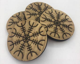 Oak Coasters with Norse Helm of Awe design