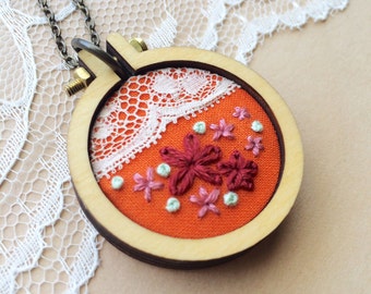 Mini Hoop Necklace, Vintage Lace Necklace, Vintage Lace Trim, Mini Embroidery Hoop Pendant, Embroidered Jewelry, Embroidery Necklace