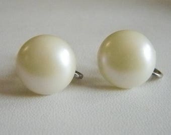 Creamy Pearl Look Button Style Screw Back Earrings - Sterling
