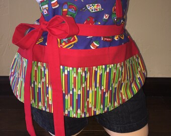 Blue and Red School Half Waist Teacher Pocket Apron