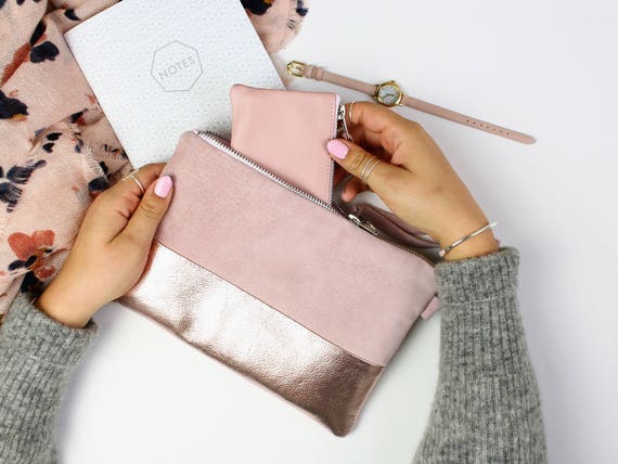 Pink Rose Gold Metallic Leather Clutch // Leather Bag Leather
