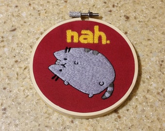 Pusheen cat embroidery hoop wall art