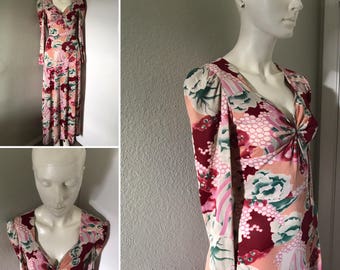 Vintage maxi dress nylon style dress tight fitting psychedelic print empire waist slinky Keyhole long gown hippie boho disco Nik Nik