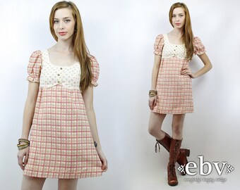 Babydoll Dress Dolly Dress Vintage 70s Pink Plaid Floral Puff Sleeve Mini Dress XS Lolita Dress Pink Dress Puff Sleeve Dress Hippie Dress