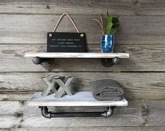 WHITEWASH Industrial Rustic Towel Rack, Holder with Wood Shelf, Kitchen Towel Bar, Rustic Wall Decor, Bathroom, Kitchen, Pipe Shelf, Gift