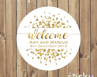 Personalized Wedding Stickers, Wedding Labels, Welcome Sticker, Wedding Favor Sticker, Welcome Bag Sticker, Welcome Wedding, White and Gold