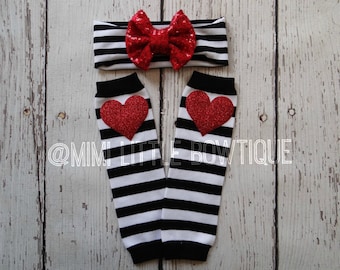 Black and white stripes Red Glitter heart baby leg warmers set black and white leg warmers, baby leg warmers-Sparkle leg warmers