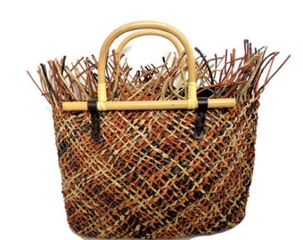 Sisal Handbag with Bamboo Handles Woven Tote Bag Sisal Beach Bag Sisal Beige Brown Sisal Bag Market Handbag Handmade woven bag