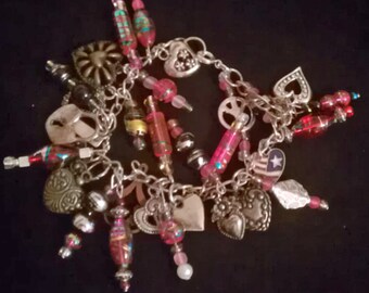 Love and hearts pink glass and charm bracelet