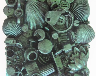 Found Objects on Wood, iridecent green, upcycled sculpture