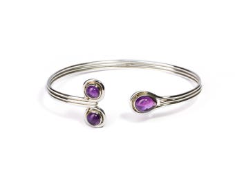 Amethyst Gemstone Sterling Silver Cuff Bracelet Adjustable Birthstone Bracelet Silver Bangle Gift Boxed + Giftbag + Free UK Delivery