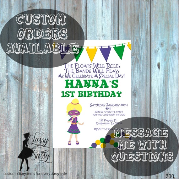 Mardi Gras Birthday Party Invitation, Mardi Gras Party, Parade party, New Orleans Baby, New Orleans Birthday Invitation-200