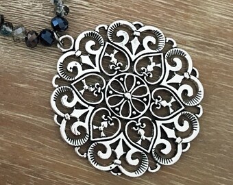 Silver Bead Necklace - Chunky Beaded Statement Necklace MultiStrand in Silver
