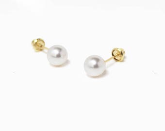 14k Solid Yellow Gold Round Simulated Pearl Baby Girls Children Screwback Earrings