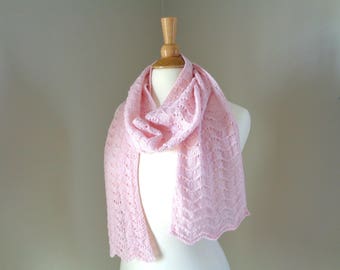 Pale Pink Cashmere Scarf, Hand Knit Lace Scarf, Lacy Wrap Scarf, Luxury Natural Fiber, Pure Cashmere, Super Soft