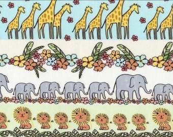 Jungle Animals Fabric - Animal Stripes on White Juvenile Fabric with Giraffe, Elephant, Lion 100% cotton 43" fabric by yard (TT249)