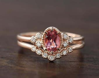 Unique pink tourmaline engagement ring antique inspired diamond wedding ring set 14k rose gold, October birthstone