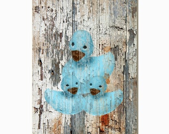 Rustic Vintage Boys/Girls Farmhouse Bathroom Decor,Country Rustic Ducks Brown Blue Home Decor Matted Picture