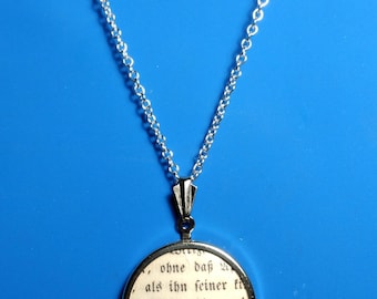 Pendant with necklace - handmade from very old book with gothic script