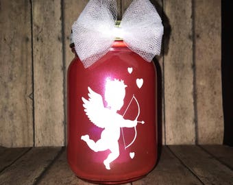 Valentine's Day inspired lantern, 16 oz, pint size mason jar, Cupid, tea light included